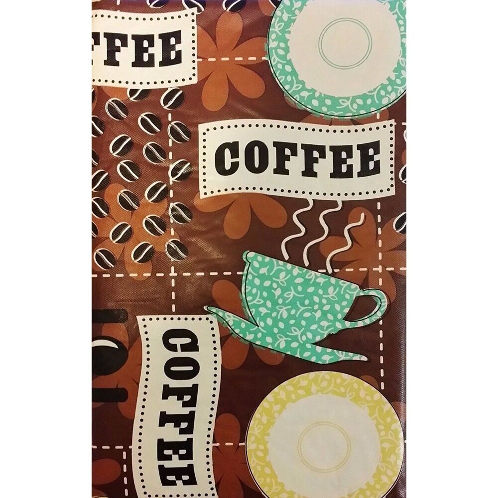 Coffee Break Vinyl Tablecloth Cup Saucer Kitchen Table Cover 60 x 90-in NEW